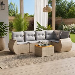 Outdoor Garden Sofa Set 6 Piece Beige Poly Rattan Patio Furniture with Cushions