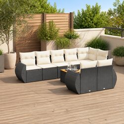 9 Piece Outdoor Garden Sofa Set with Cushions Black Poly Rattan Patio Furniture