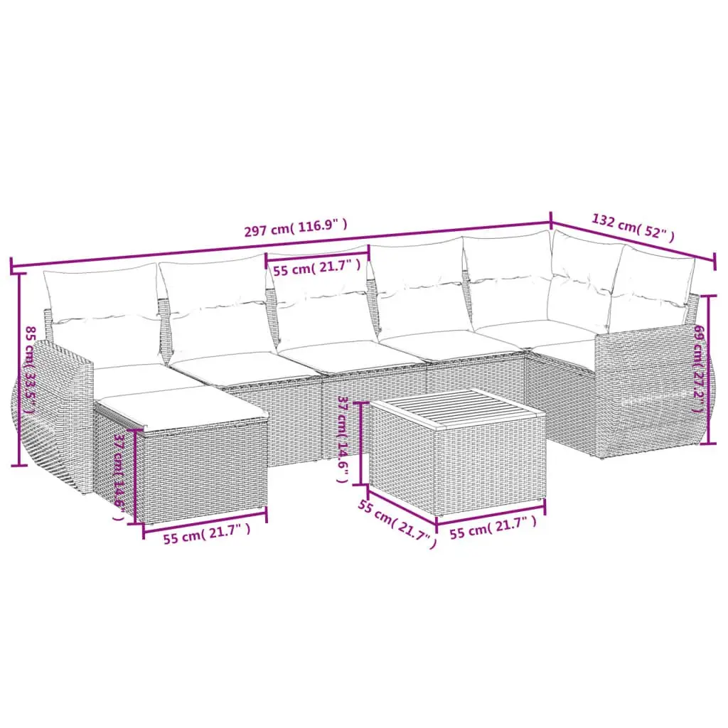 8 Piece Modular Patio Furniture Set Grey Poly Rattan Outdoor Sofas with Cushions