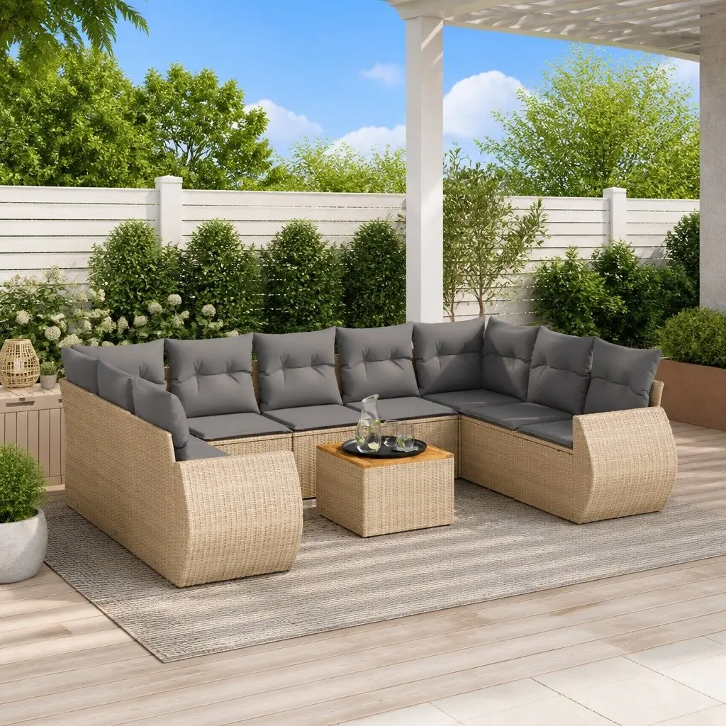 Garden Sofa Set Beige 10 Piece Outdoor Furniture Poly Rattan Modular Patio