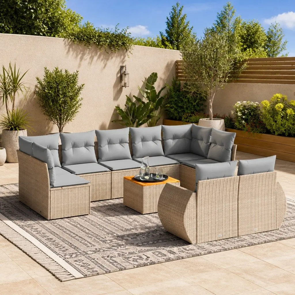 Garden Sofa Set 10 Piece Outdoor Furniture Beige Poly Rattan Patio Seating with