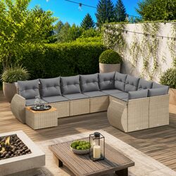 10 Piece Outdoor Garden Sofa Set Beige Poly Rattan Patio Furniture with Cushions