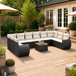 Compact 11 Piece Black Rattan Garden Sofa Set
