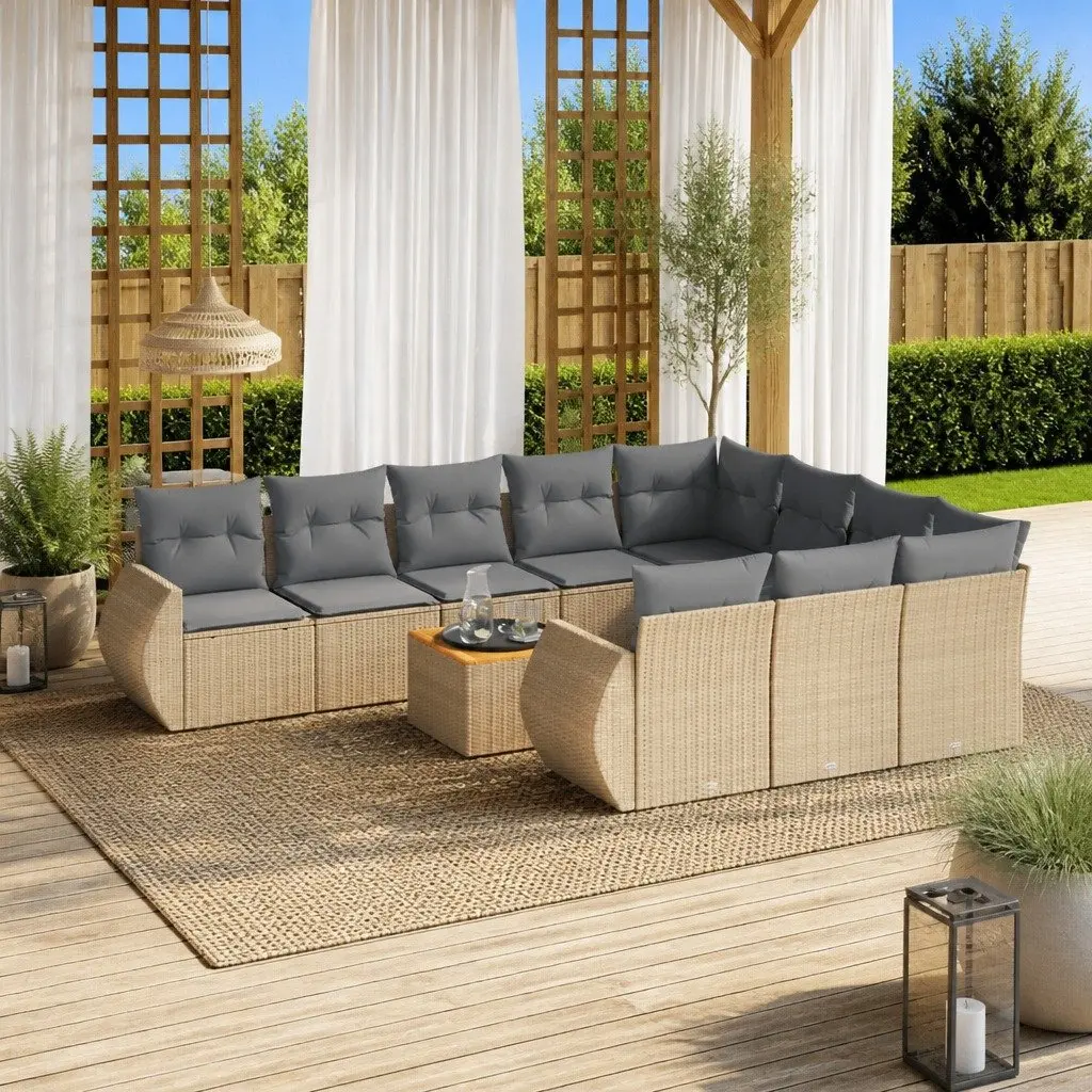 Garden Sofa Set 11 Piece Outdoor Furniture Beige Poly Rattan with Cushions Patio