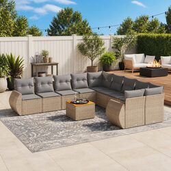 Garden Sofa Set 11 Piece Outdoor Furniture Beige Poly Rattan Patio Seating