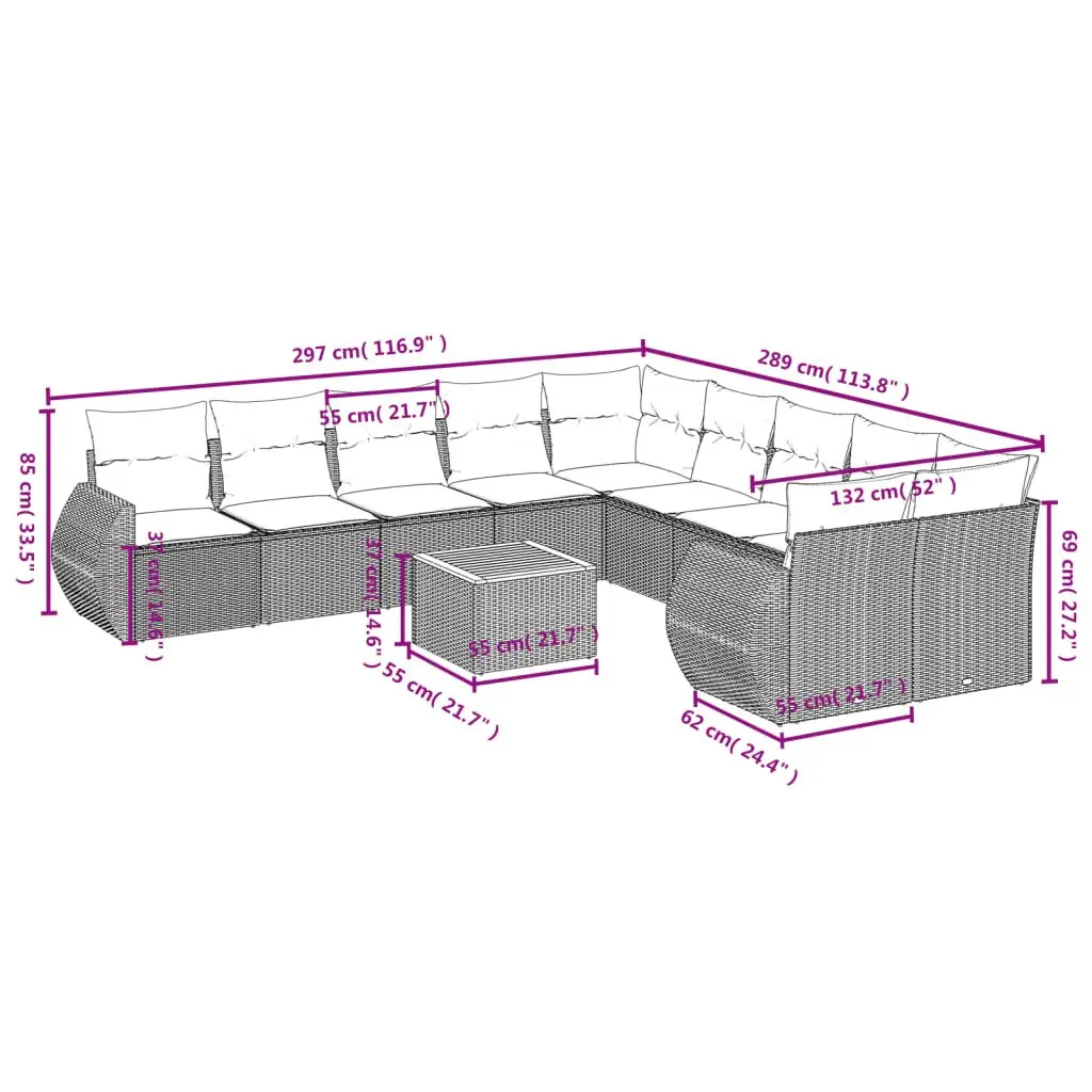 Garden Sofa Set 11 Piece Outdoor Furniture Grey Patio Sectional with Cushions