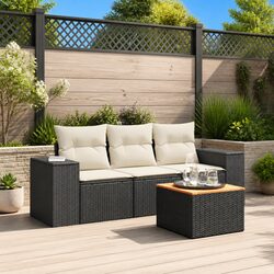 4 Piece Outdoor Garden Sofa Set with Cushions Black Poly Rattan Patio Furniture