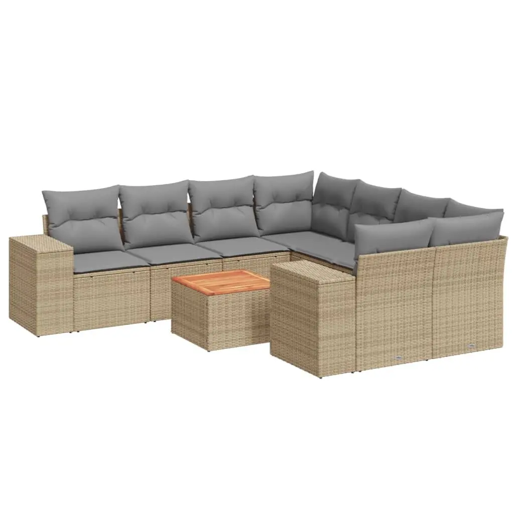 Garden Sofa Set Beige 9 Piece Outdoor Furniture Poly Rattan with Cushions