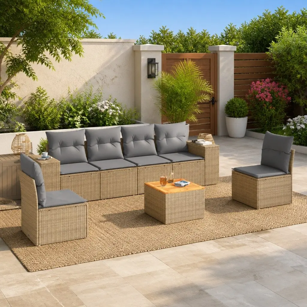 Garden Sofa Set Beige 7 Piece Outdoor Furniture Modular with Cushions