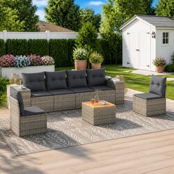 7 Piece Outdoor Garden Sofa Set with Cushions Grey Patio Furniture Modular