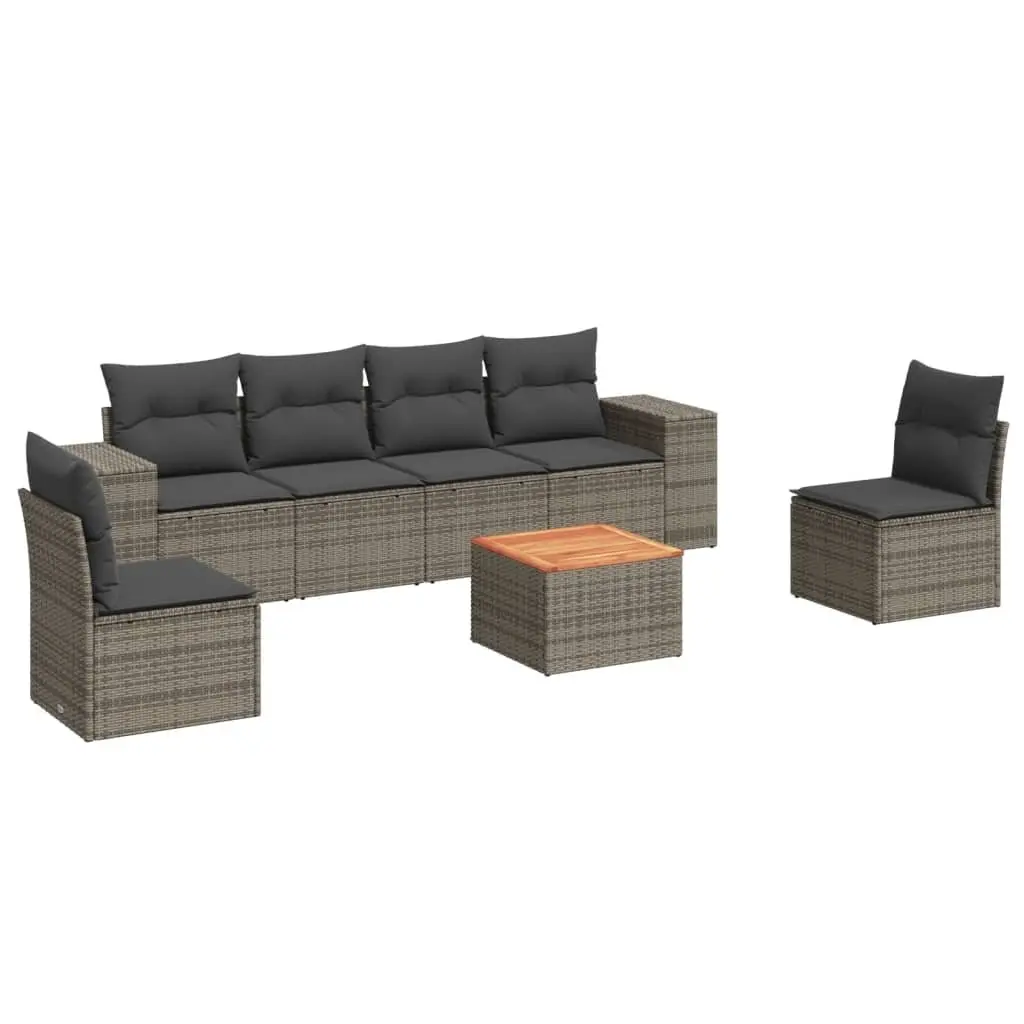 Modular Garden Sofa Set 7 Piece Grey with Cushions Acacia Wood Top and PE Rattan Frame