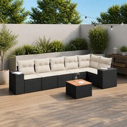 7 Piece Garden Sofa Set with Cushions Outdoor Patio Furniture Black Poly Rattan