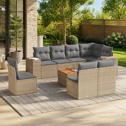 Outdoor Garden Sofa Set 9 Piece Poly Rattan Patio Furniture with Cushions Beige