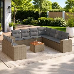 Garden Sofa Set 10 Piece Outdoor Furniture Beige Poly Rattan Patio Lounge with