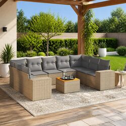 Garden Sofa Set 10 Piece Outdoor Patio Furniture Beige Poly Rattan with Cushions