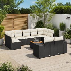 10 Piece Outdoor Garden Sofa Set with Cushions Black Poly Rattan Patio Furniture