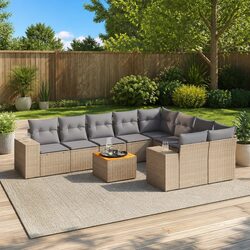 10 Piece Outdoor Garden Sofa Set with Cushions Beige Poly Rattan Patio Furniture
