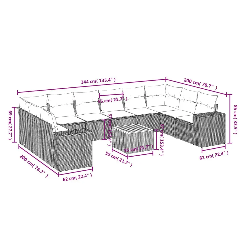 11 Piece Garden Sofa Set Beige Modular Outdoor Furniture with Cushions