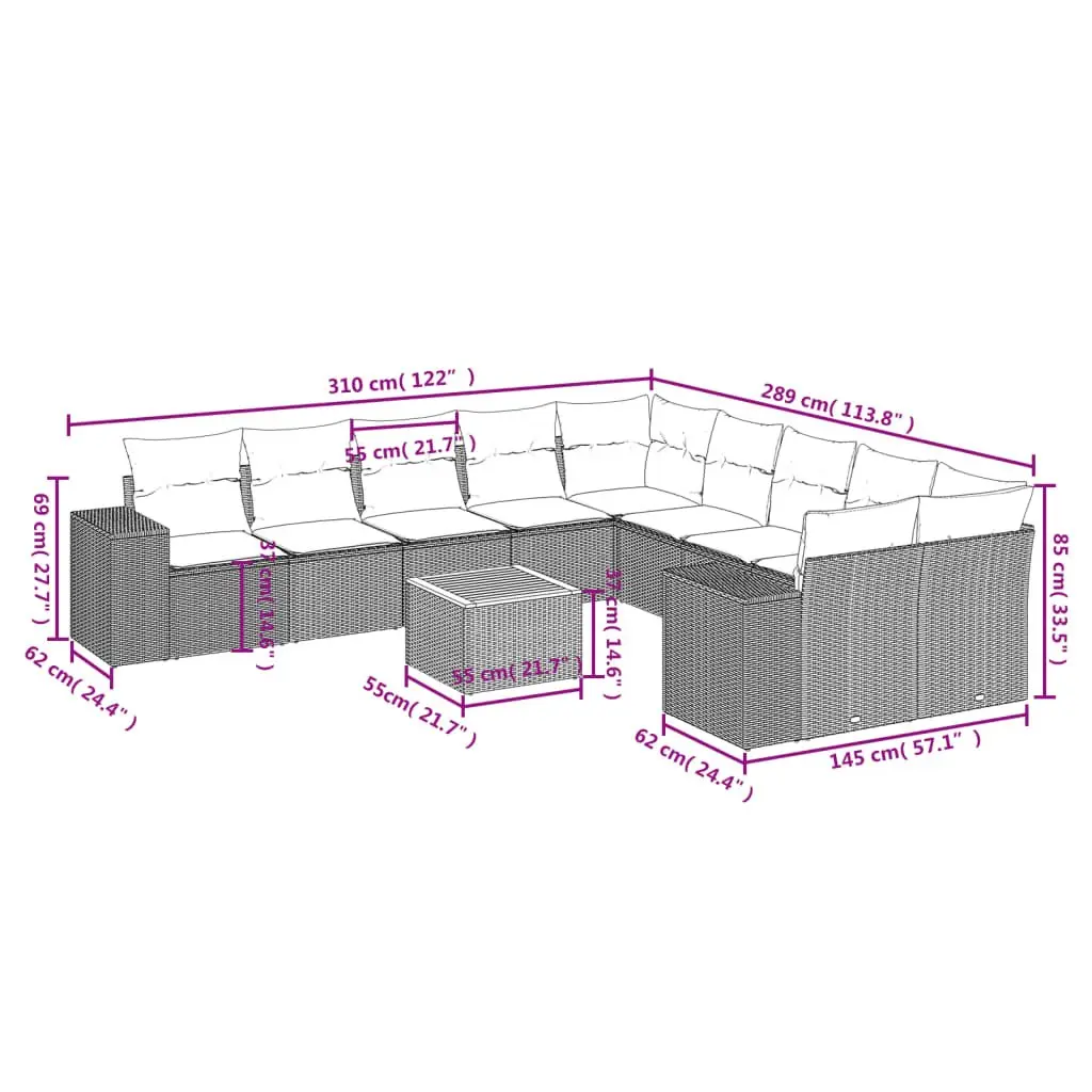 11 Piece Garden Sofa Set Outdoor Patio Furniture with Cushions Grey