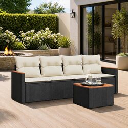 5 Piece Garden Sofa Set Outdoor Patio Furniture Black Poly Rattan with Cushions