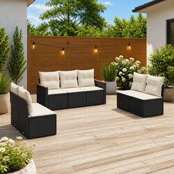 7 Piece Garden Sofa Set Outdoor Patio Furniture Black Poly Rattan with Cushions