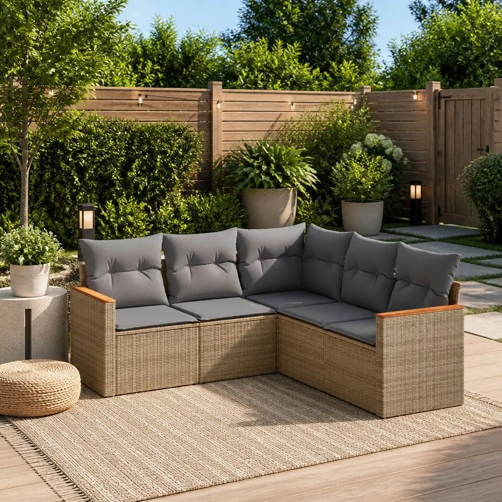 5 Piece Garden Sofa Set Beige Outdoor Patio Furniture Modular Poly Rattan Lounge