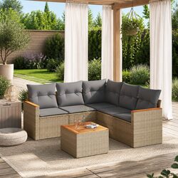 6 Piece Garden Sofa Set Outdoor Furniture Patio Lounge Beige Poly Rattan with