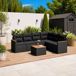 7 Piece Garden Sofa Set Outdoor Patio Furniture Black Poly Rattan Cushions