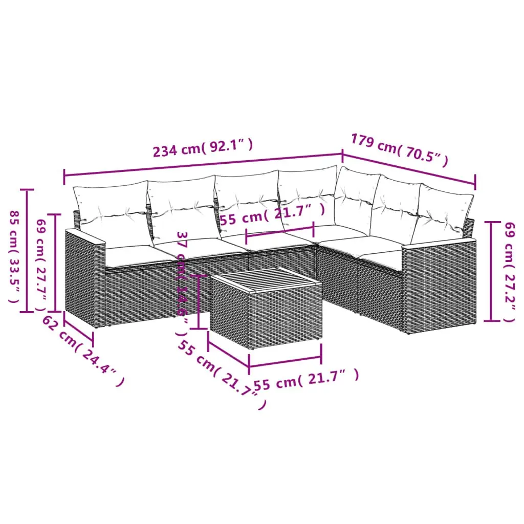7 Piece Outdoor Sofa Set Grey Modular Patio Furniture with Removable Cushions and Acacia Wood Tabletop