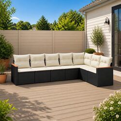 Outdoor Garden Sofa Set 7 Piece Black Poly Rattan Furniture with Cushions Patio