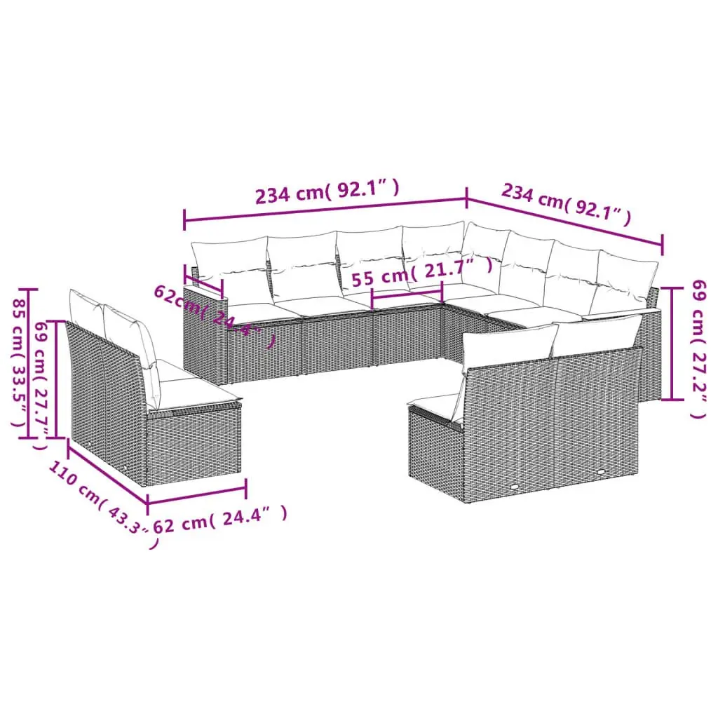 Garden Sofa Set 11 Piece Outdoor Furniture Beige Rattan Patio Lounge with