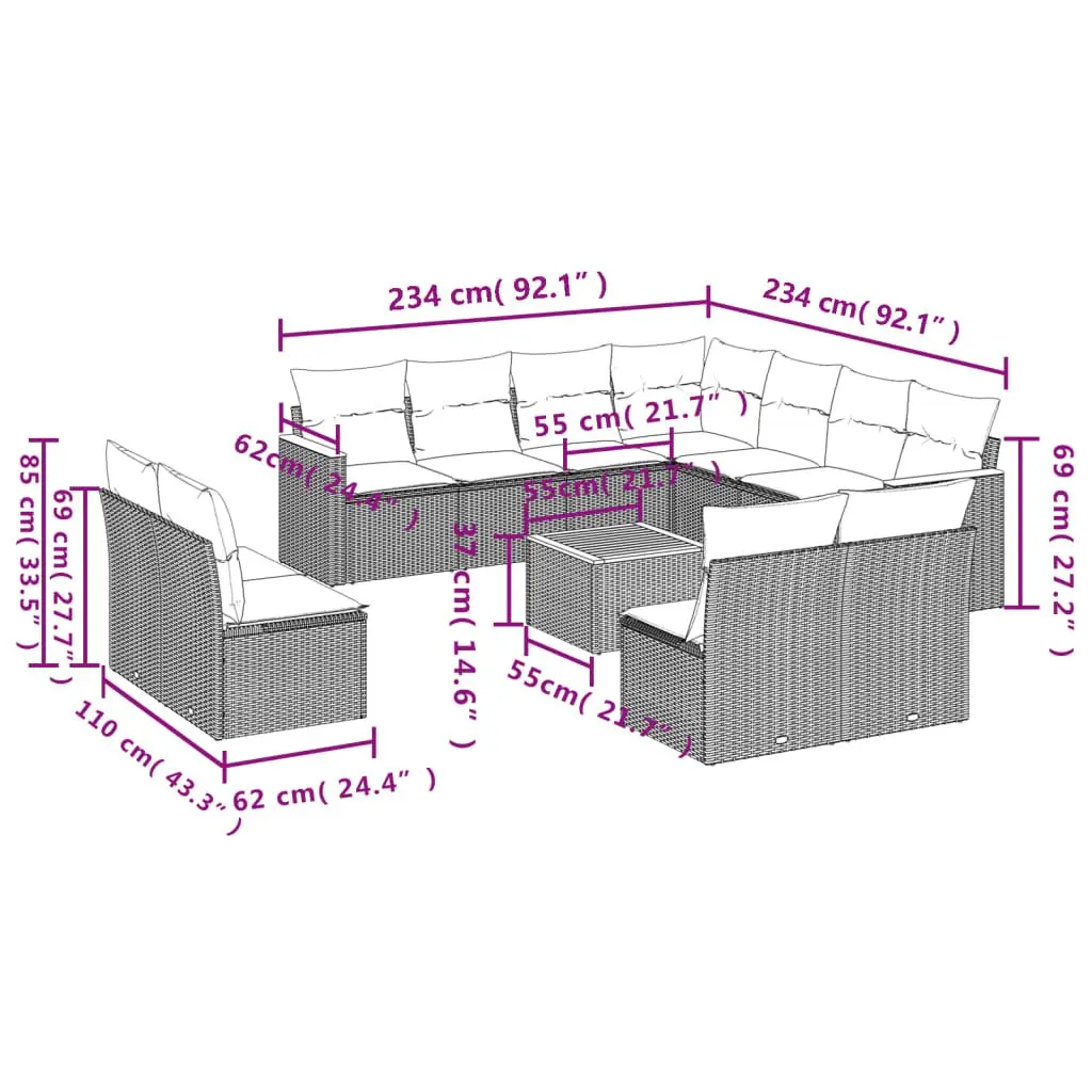 Garden Sofa Set 12 Piece Outdoor Furniture Grey Poly Rattan Patio Lounge Modular