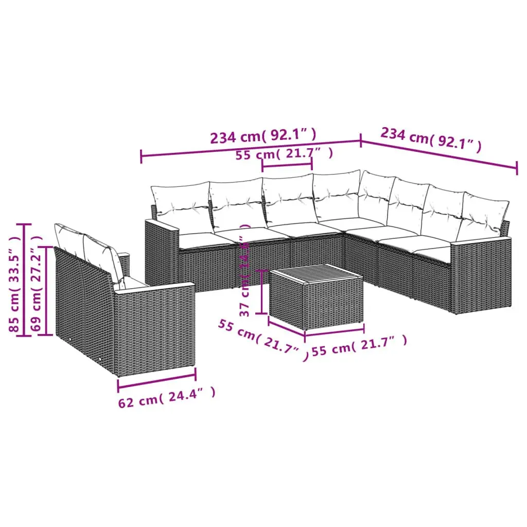 Garden Sofa Set 10 Piece Outdoor Furniture Grey Poly Rattan Patio Lounge with