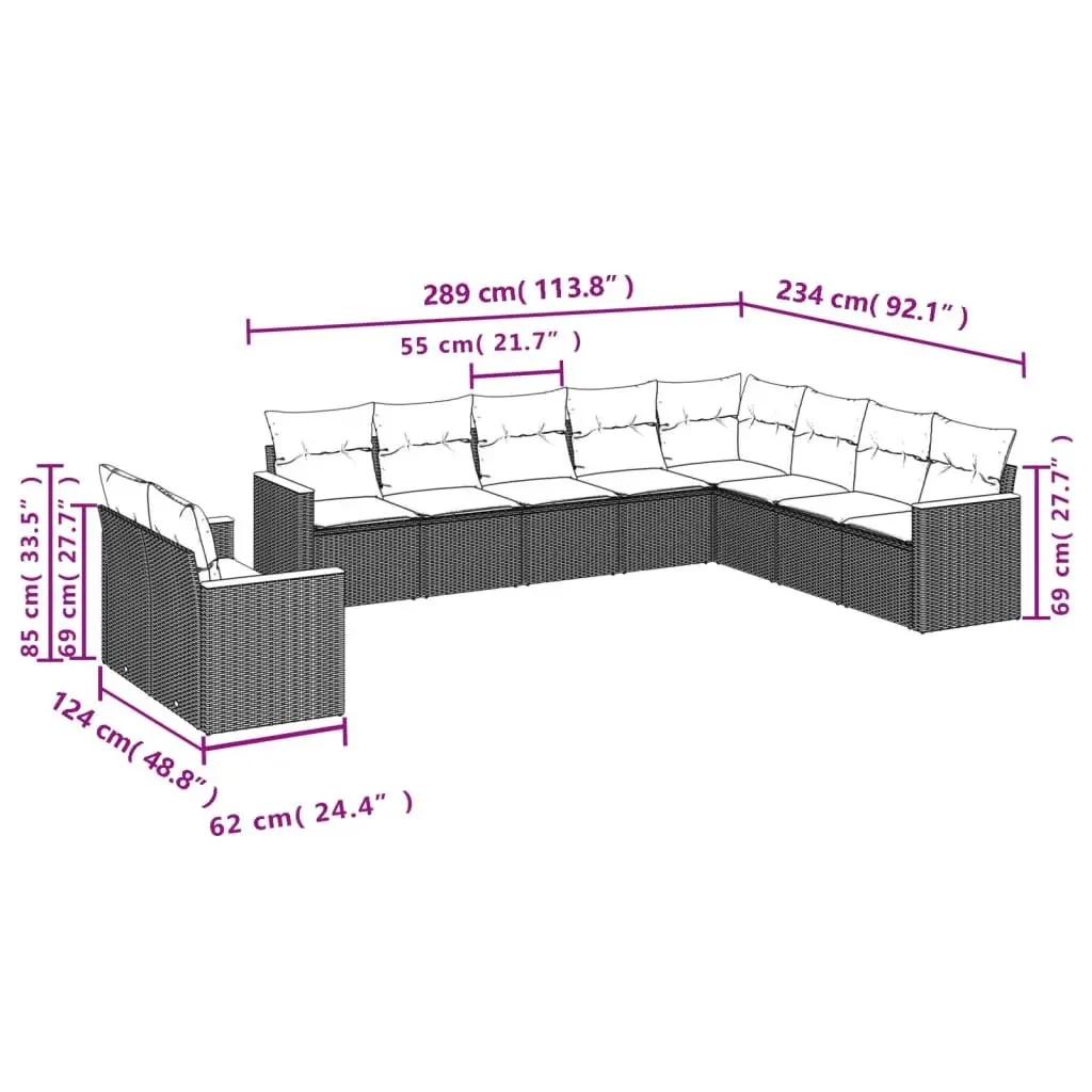 Outdoor Garden Sofa Set 10 Piece Grey Poly Rattan Patio Furniture with Cushions