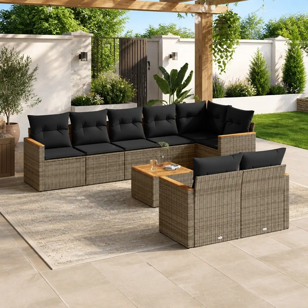 Garden Sofa Set Grey 9 Piece Modular Outdoor Furniture PE Rattan Powder-coated Steel Frame Acacia Wood Tabletop
