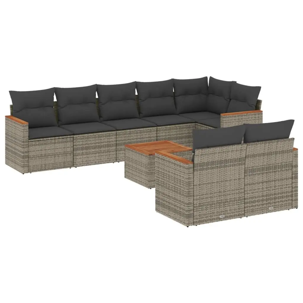 Garden Sofa Set Grey 9 Piece Modular Outdoor Furniture PE Rattan Powder-coated Steel Frame Acacia Wood Tabletop