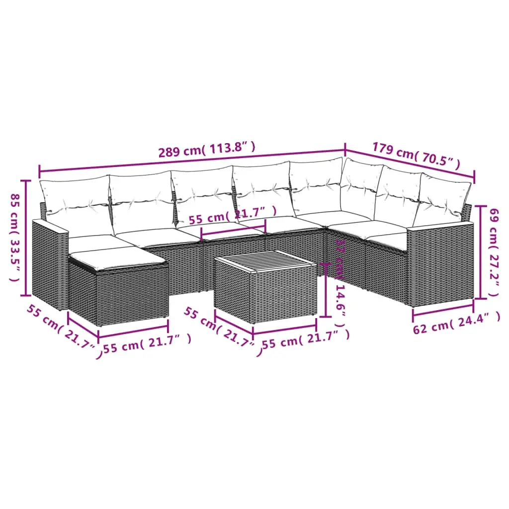 9 Piece Garden Sofa Set Outdoor Patio Furniture Grey Poly Rattan with Cushions