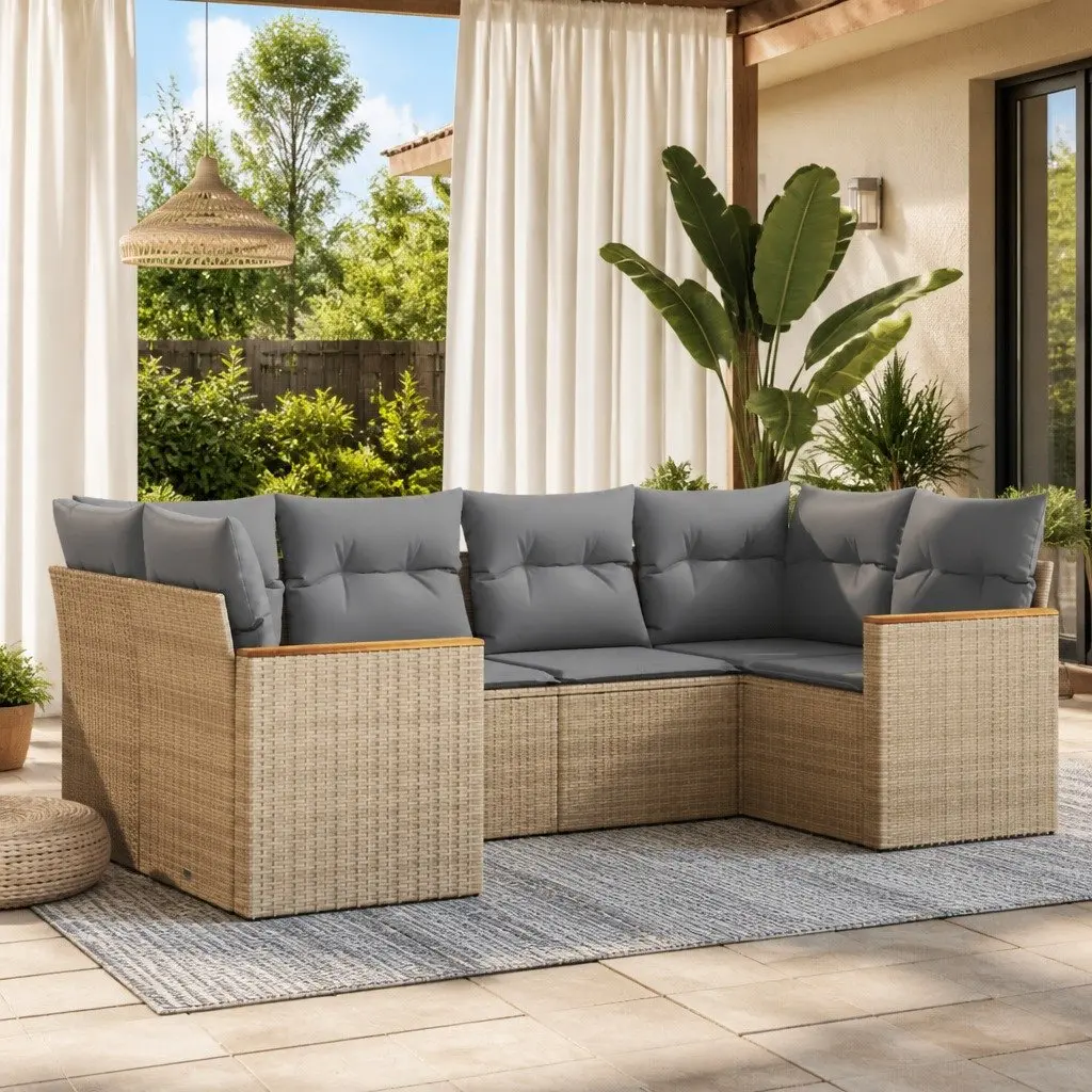 Garden Sofa Set Beige 6 Piece Modular Rattan Outdoor Furniture with Removable Cushions