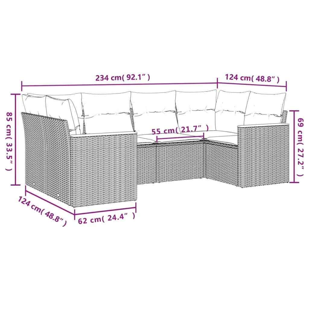 Garden Sofa Set Beige 6 Piece Modular Rattan Outdoor Furniture with Removable Cushions