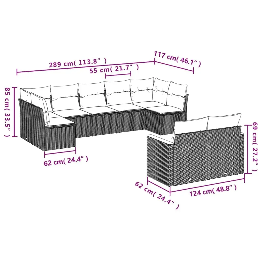 Garden Sofa Set Black 9 Piece Modular Outdoor Furniture PE Rattan Powder Coated Steel Frame