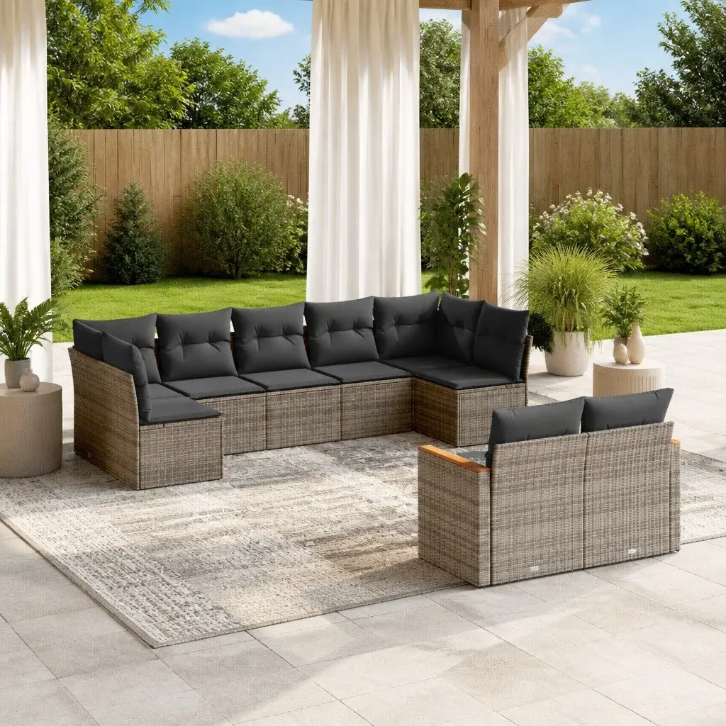 Garden Sofa Set Grey 9 Piece Outdoor Furniture Patio Sectional with Cushions