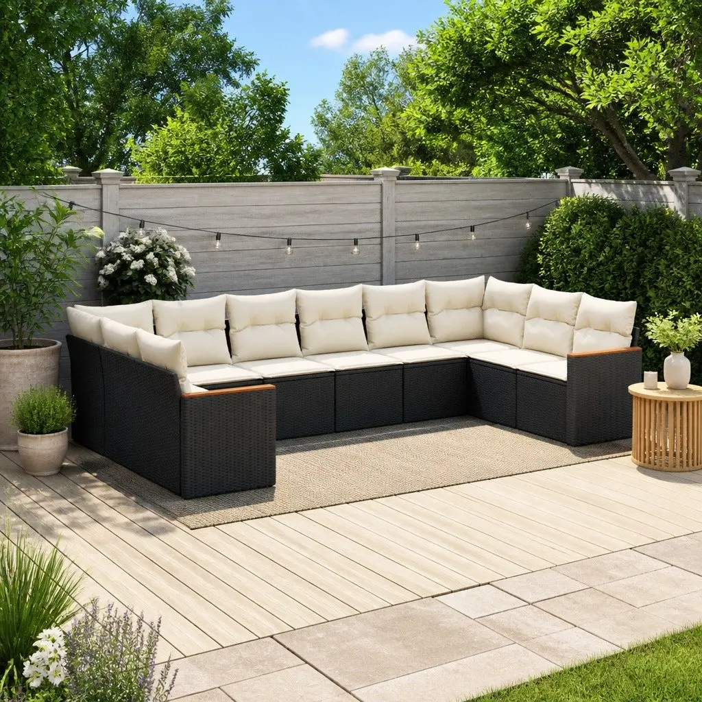 Garden Sofa Set Black 10 Piece Modular Outdoor Furniture with Cushions