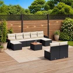 Garden Sofa Set 10 Piece Outdoor Furniture Black Poly Rattan Patio with Cushions