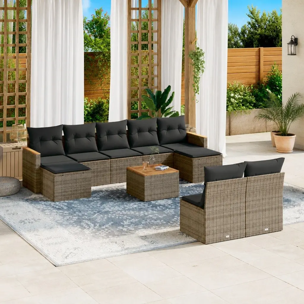 10 Piece Patio Sofa Set Grey Rattan Furniture Outdoor Lounge with Removable Cushions and Acacia Wood Table