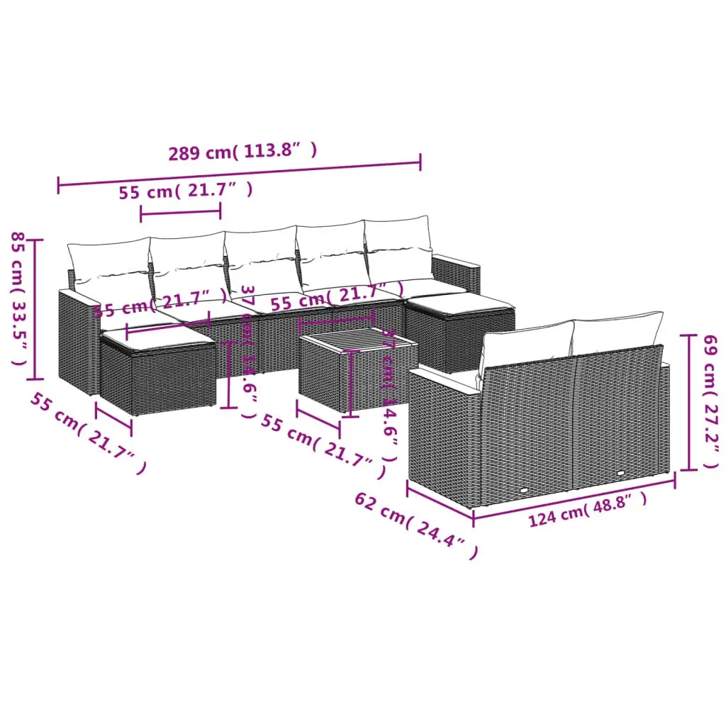 Outdoor Furniture Set 10 Piece Grey Poly Rattan Modular Sofa for Patio and Garden