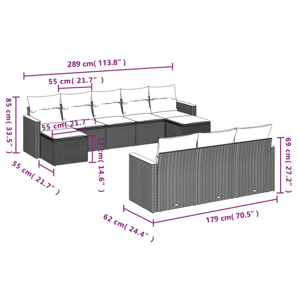 Garden Sofa Set Black 10 Piece Modular Outdoor Furniture with Cushions