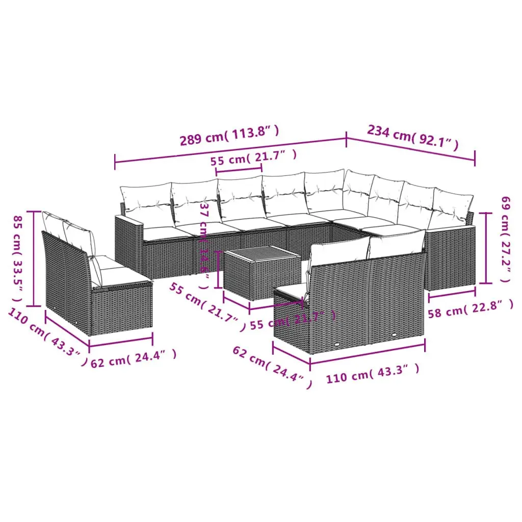 Garden Sofa Set Grey 13 Piece Modular Outdoor Furniture Poly Rattan Patio Lounge