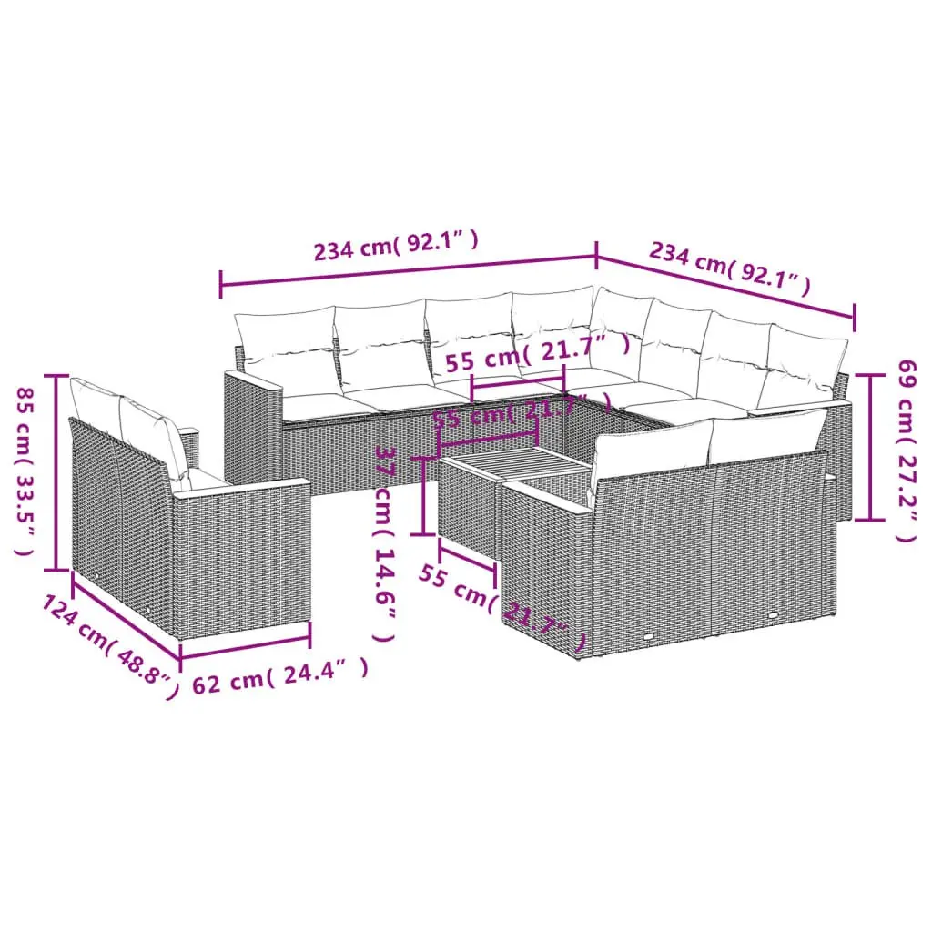 Garden Sofa Set Grey 12 Piece Modular Outdoor Furniture Poly Rattan