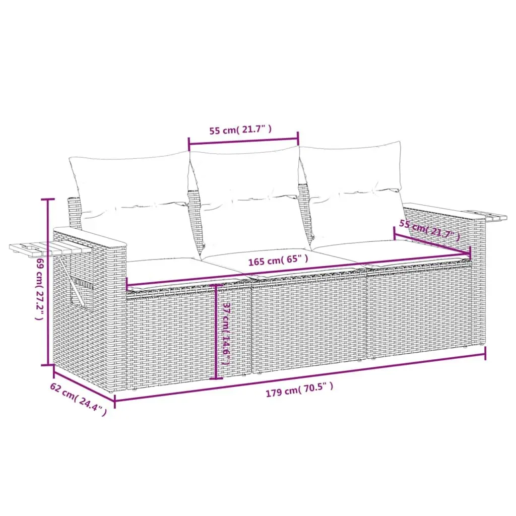 3 Piece Modular Outdoor Sofa Set Grey PE Rattan with Cushions Foldable Side Table