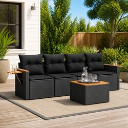 5 Piece Garden Sofa Set with Cushions Black Poly Rattan Outdoor Furniture